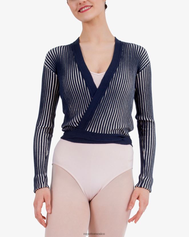 Repetto mujer cruzado de punto de canalé bicolor azul y rosa pétalo ropa H2NF2L527